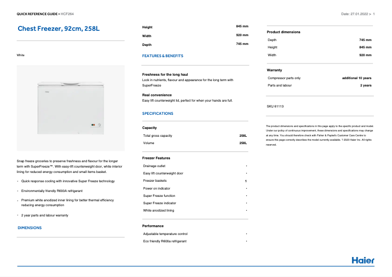 Page n°1 - Fiche technique Haier HCF324W2