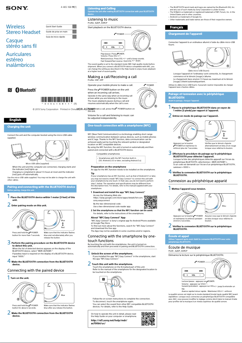 Page n°1 - Guide d'installation Sony MDR-AS700BT