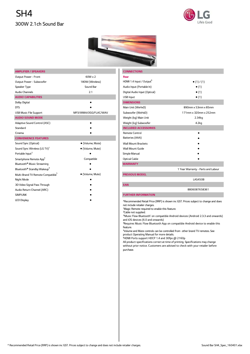 Página 1 del manual Ficha técnica LG SH4