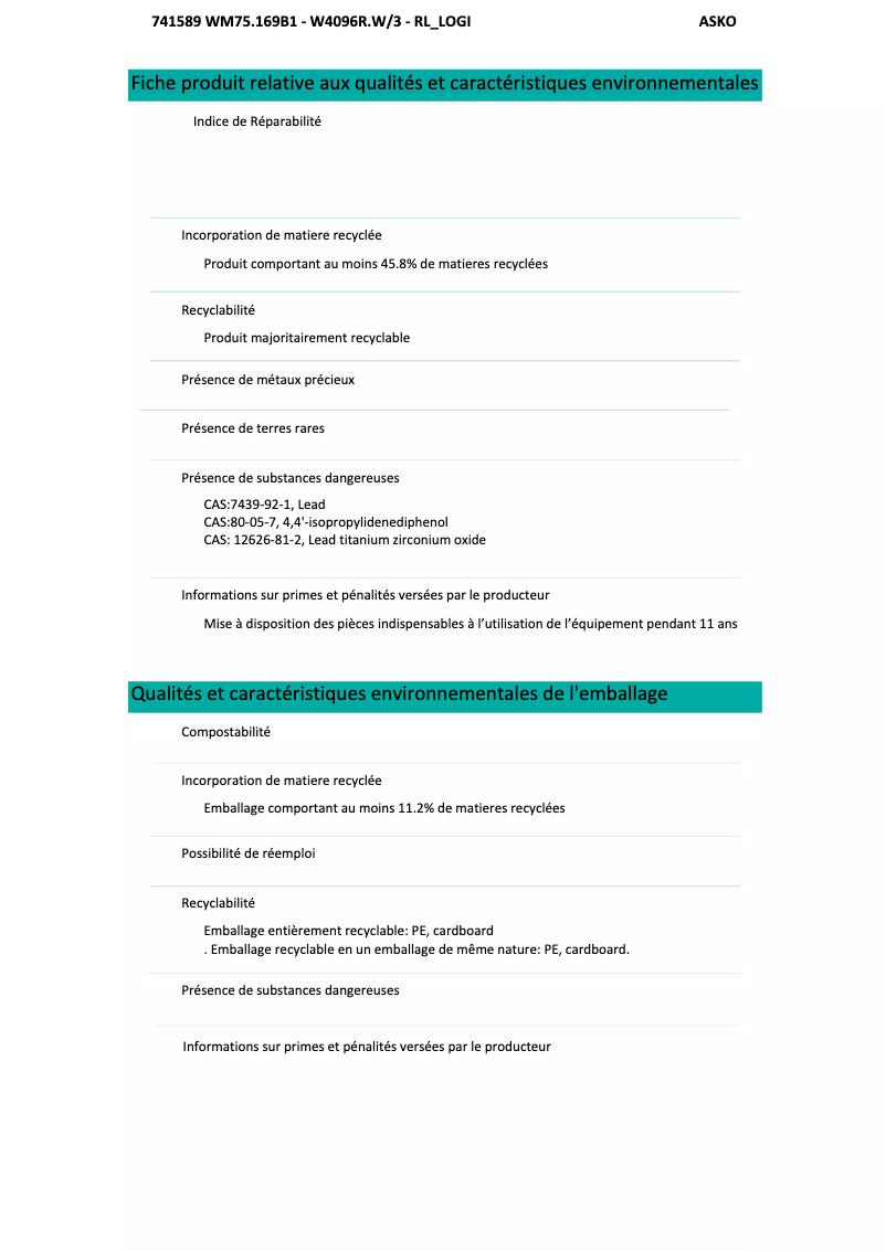 Page n°1 - Fiche technique Asko W4096RW3