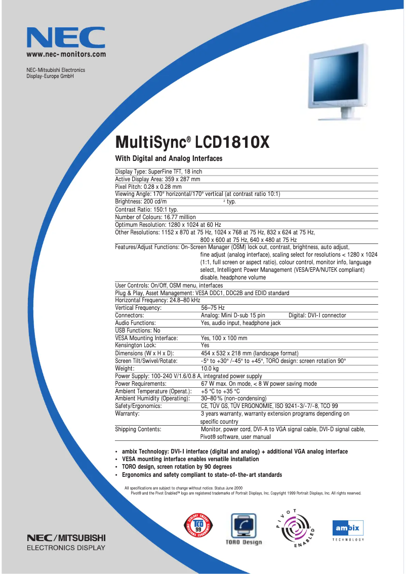 Page 1 de la notice Fiche technique NEC MultiSync LCD1810XBK