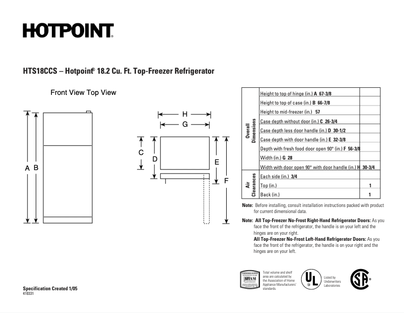 Page 1 de la notice Fiche technique Hotpoint HTS18CCSLCC