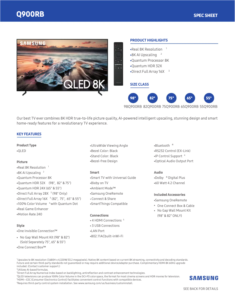 Page 1 de la notice Fiche technique Samsung QN55Q900RBFXZA
