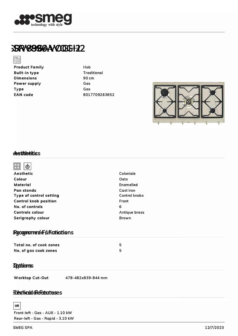 Page 1 de la notice Fiche technique Smeg SRV896AVOGH2