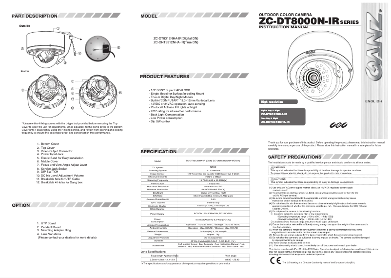 Page 1 de la notice Manuel utilisateur Ganz ZC-DNT8312NHA-IR