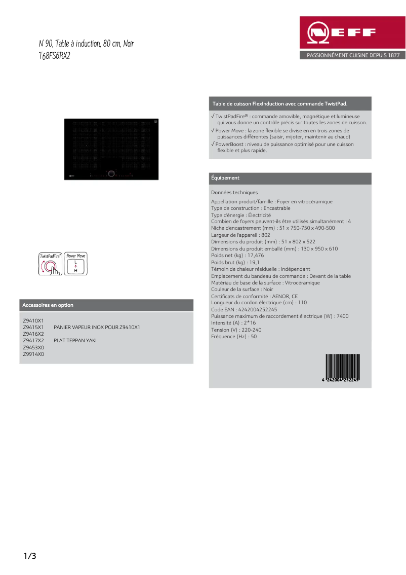 Page 1 de la notice Fiche technique Neff T68FS6RX2