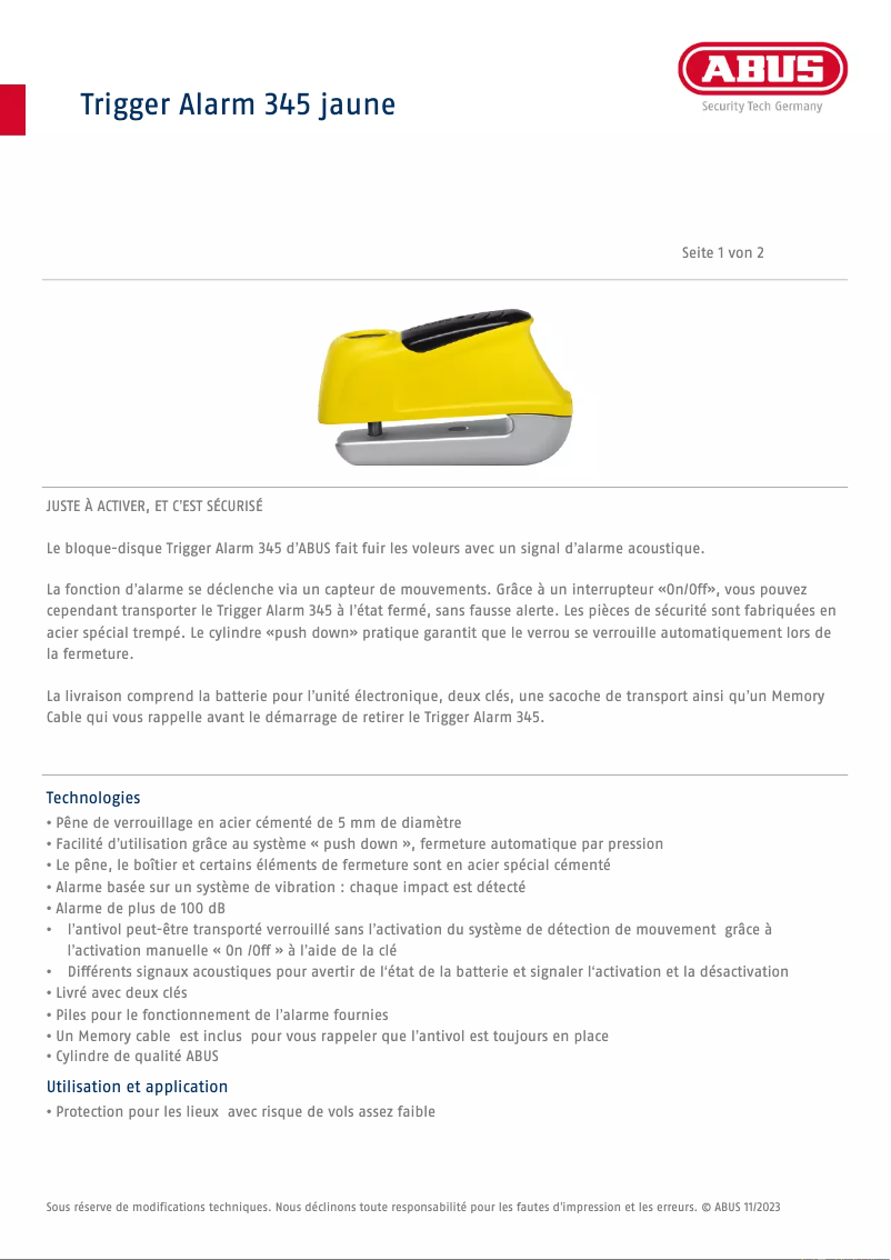 Page 1 de la notice Manuel utilisateur Abus Trigger Alarm 345