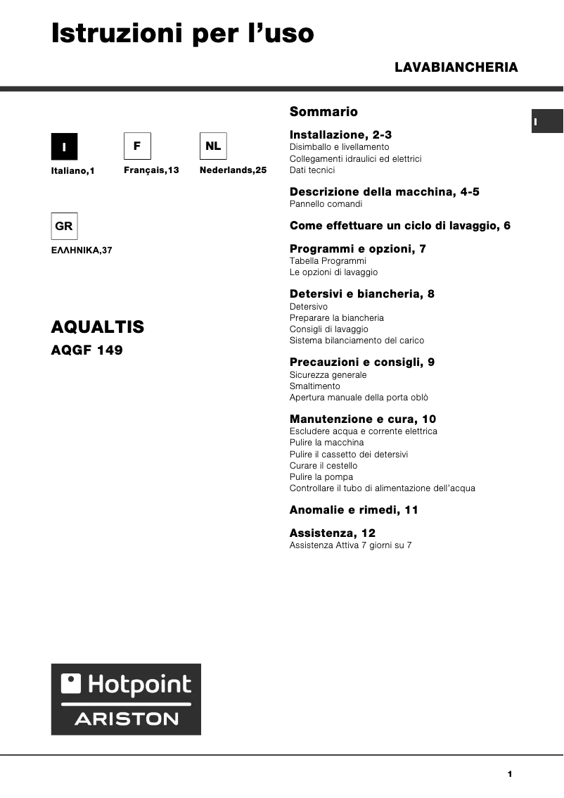 Page 1 de la notice Manuel utilisateur Hotpoint Ariston Aqualtis AQGF 149