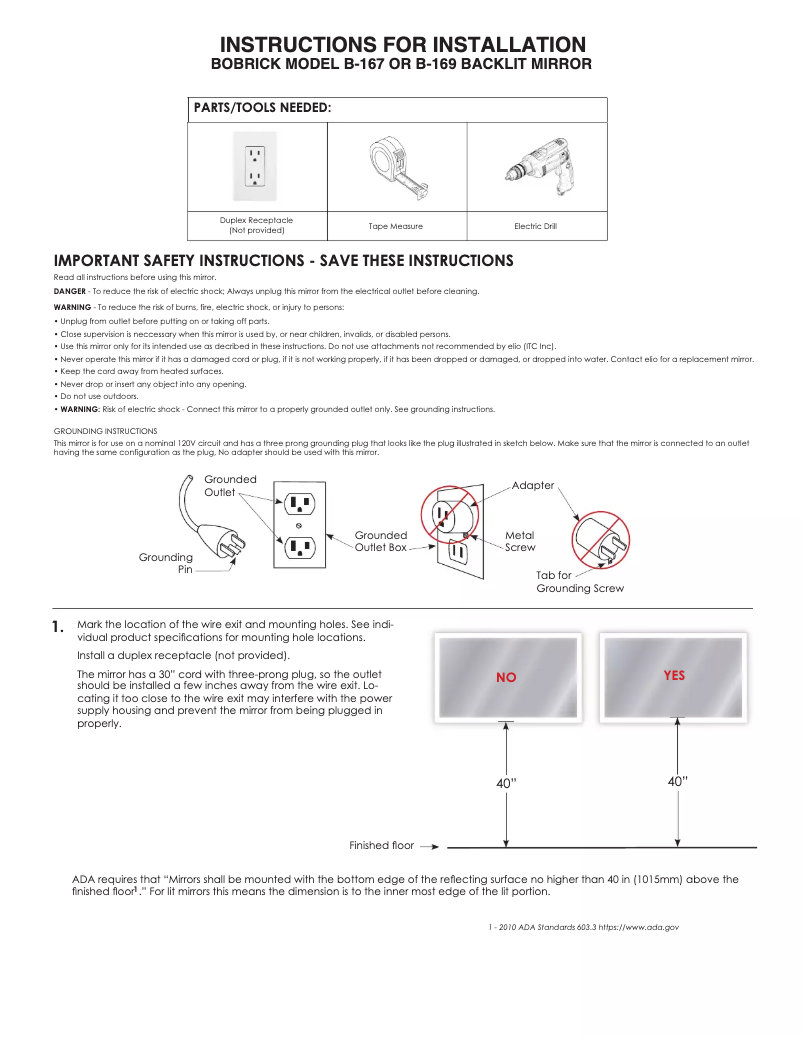 Page 1 de la notice Manuel utilisateur Bobrick B-169