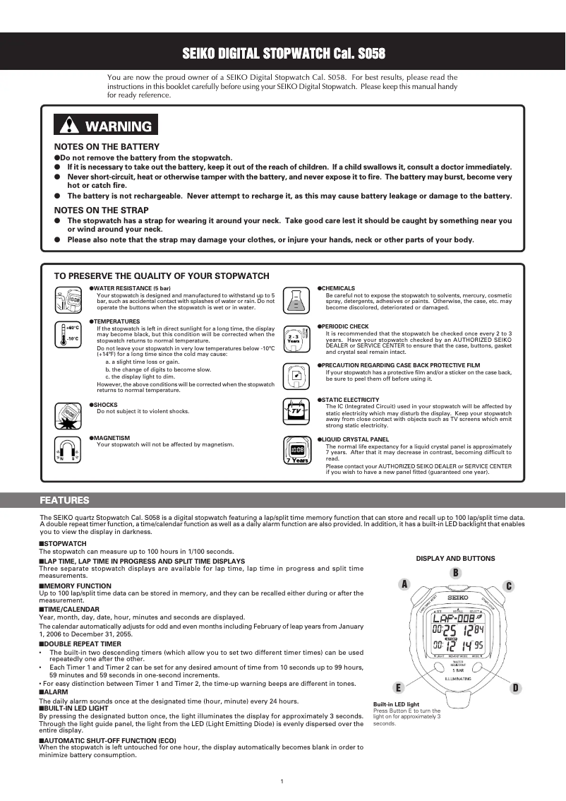 Page 1 de la notice Manuel utilisateur Seiko S058
