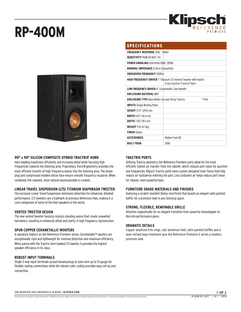 Page n°1 - Fiche technique Klipsch RP-400M