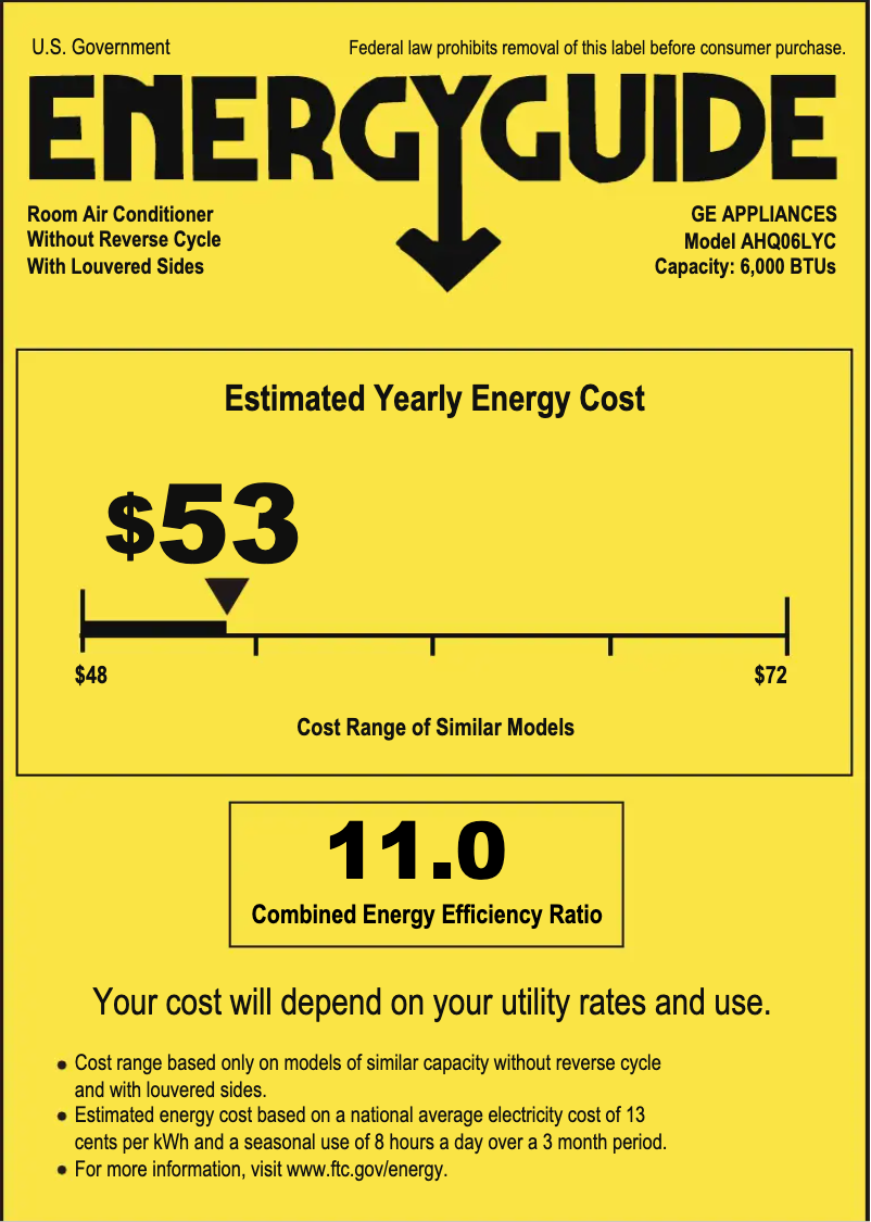 Page 1 de la notice Label énergétique GE AHQ06LY