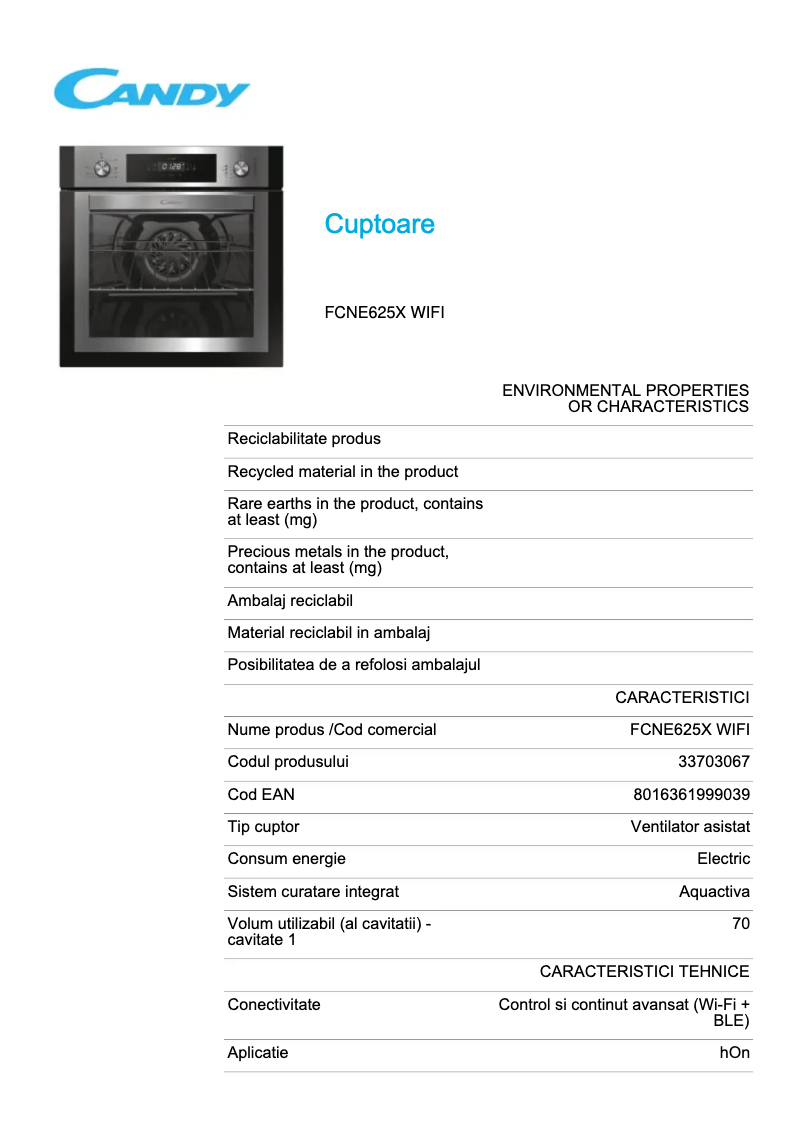 Page 1 de la notice Fiche technique Candy FCNE625X WIFI