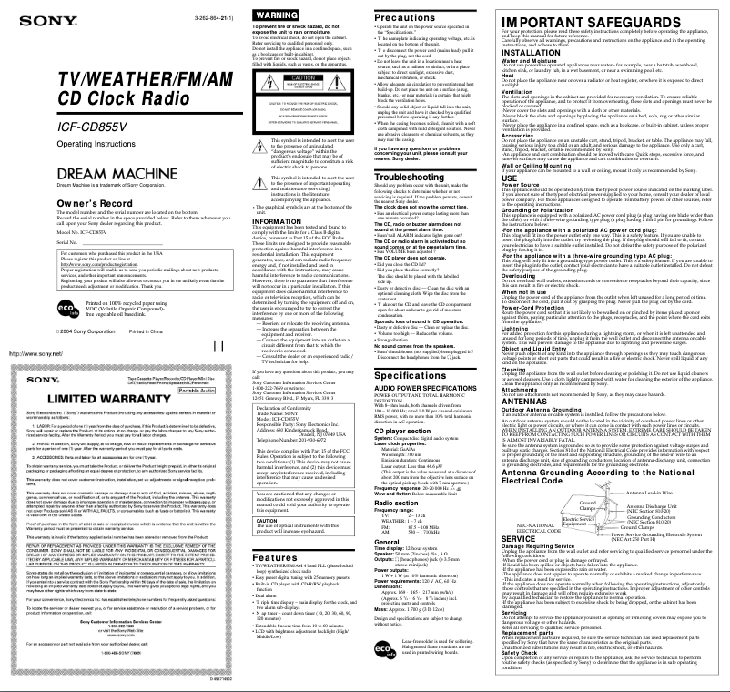 Page 1 de la notice Manuel utilisateur Sony ICF-CD855V