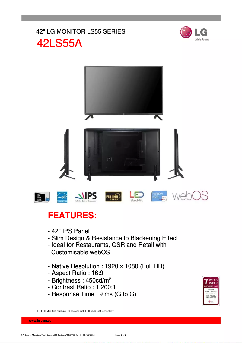 Page 1 de la notice Fiche technique LG 42LS55A