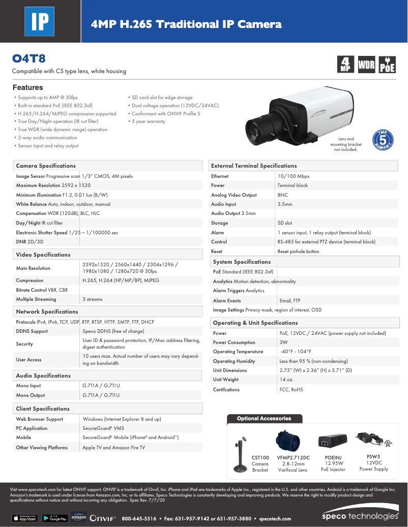 Page 1 de la notice Fiche technique Speco Technologies O4T8