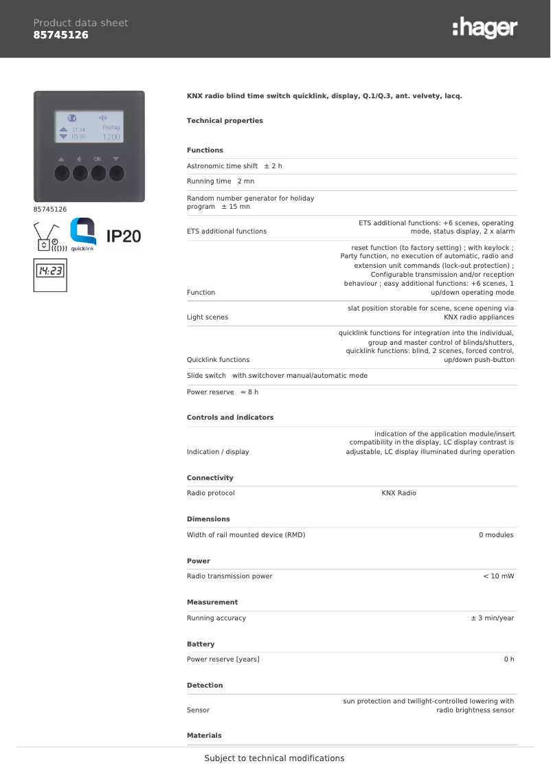 Page n°1 - Fiche technique Hager 85745126