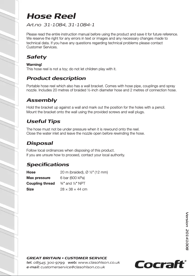 Page 1 de la notice Manuel utilisateur Cocraft 31-1084