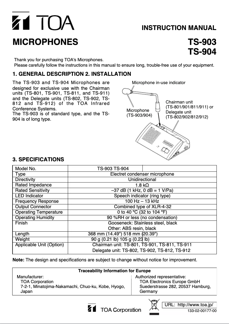 Page 1 de la notice Manuel utilisateur TOA TS-904