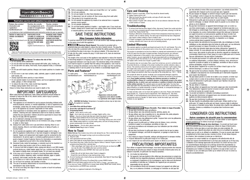 Page 1 de la notice Manuel utilisateur Hamilton Beach Sure-Toast 22991