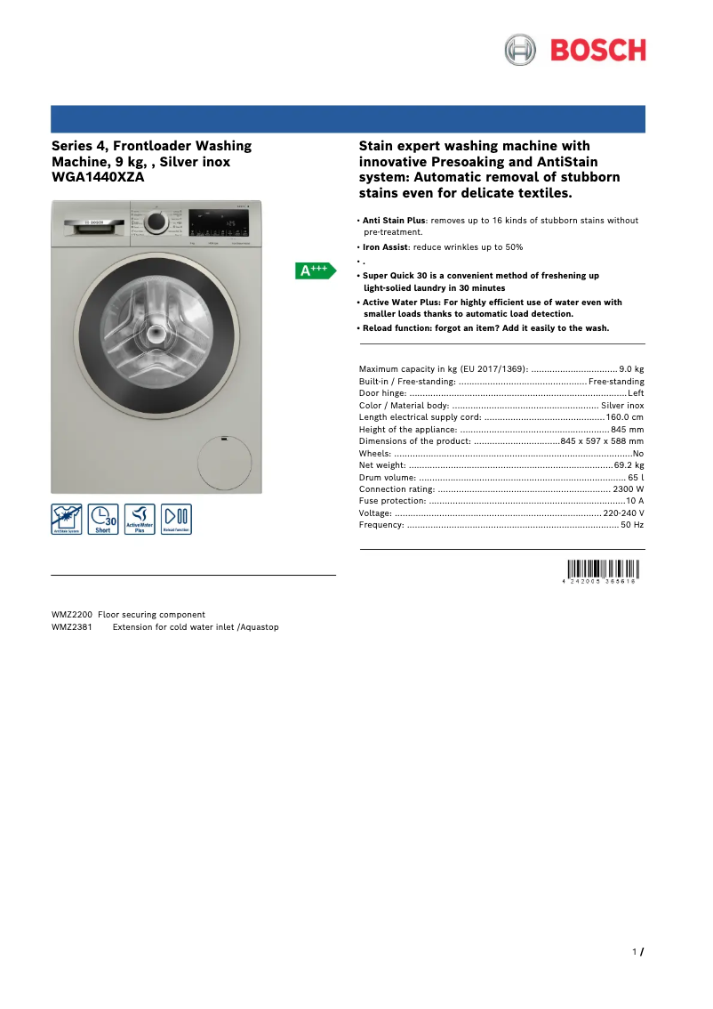 Página 1 del manual Ficha técnica Bosch WGA1440XZA