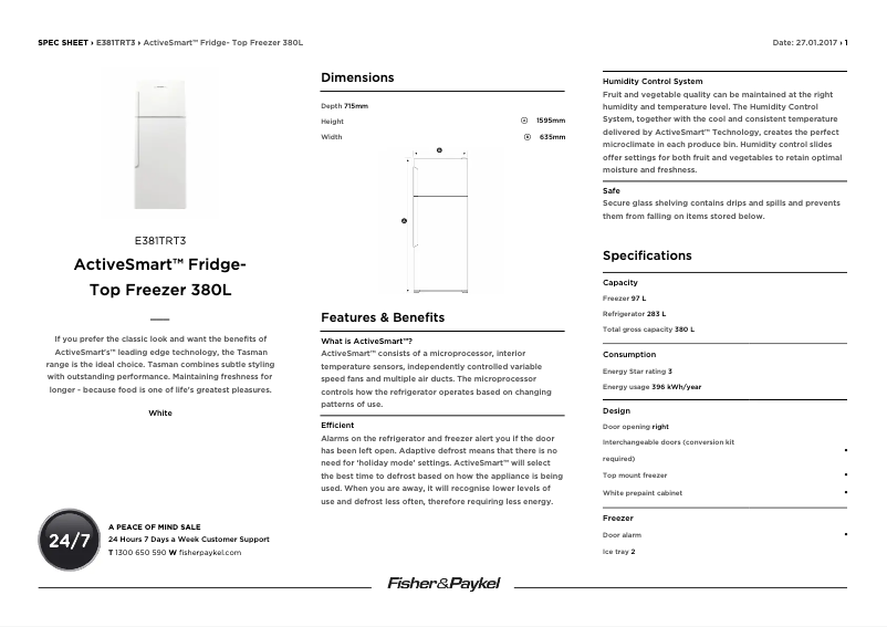 Page 1 de la notice Fiche technique Fisher & Paykel E381TRT3
