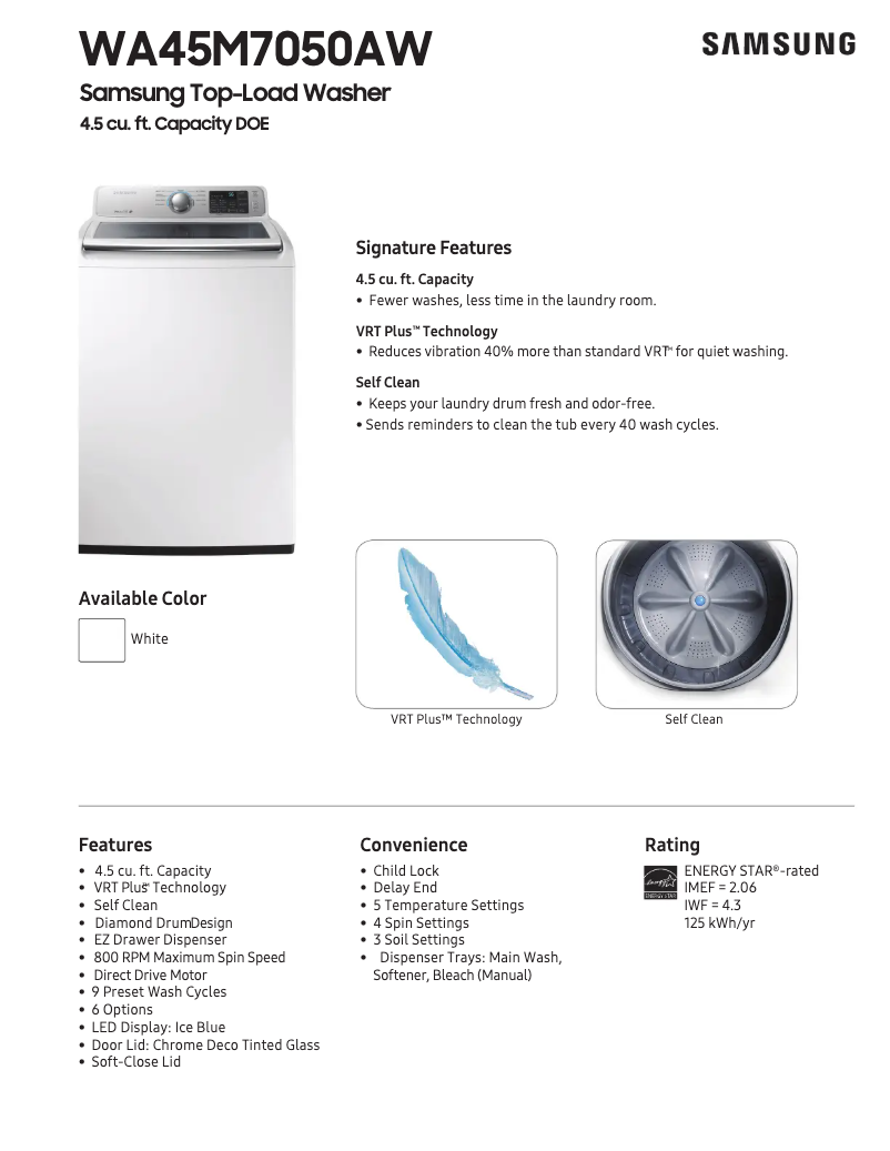 Page 1 de la notice Fiche technique Samsung WA45M7050A