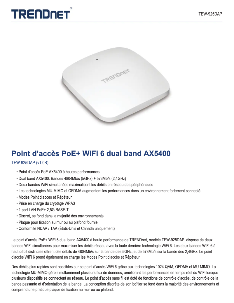 Página 1 del manual Ficha técnica TRENDnet TEW-925DAP