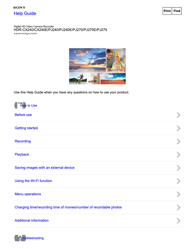 Image de la première page du manuel de l'appareil Handycam HDR-PJ270