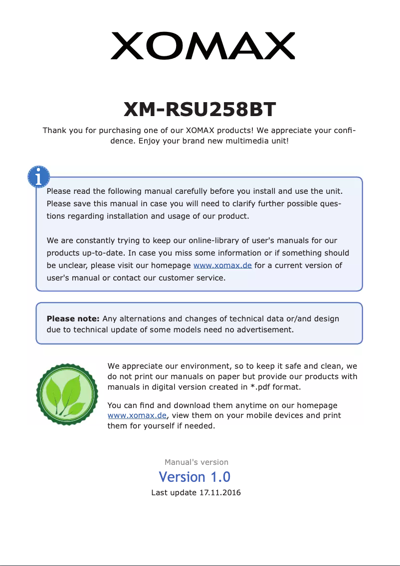 Page 1 de la notice Manuel utilisateur Xomax XM-RSU258BT