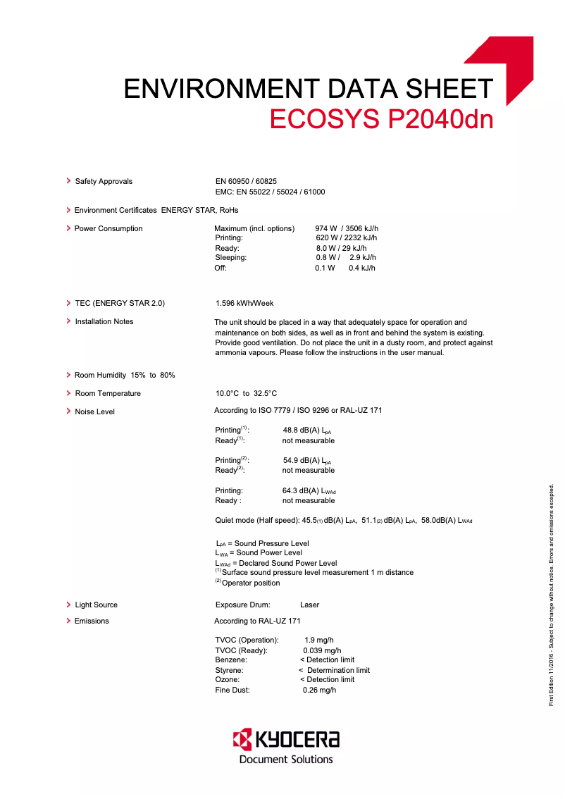 Page 1 de la notice Fiche technique Kyocera ECOSYS P2040dn