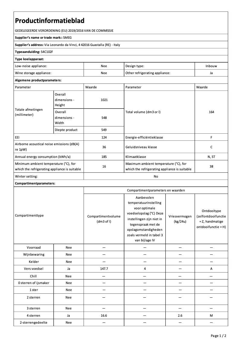 Page 1 de la notice Fiche technique Smeg S4C102F