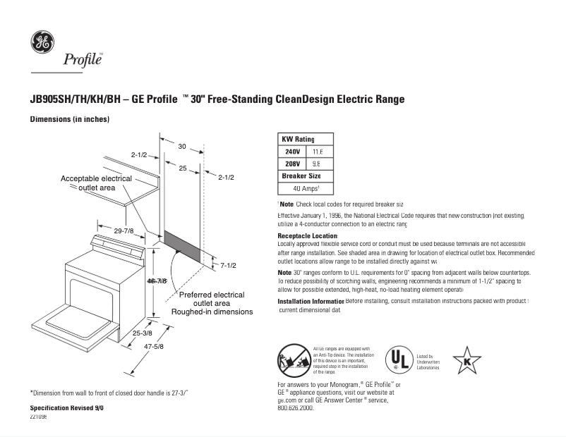 Page n°1 - Fiche technique GE Profile JB905THWW