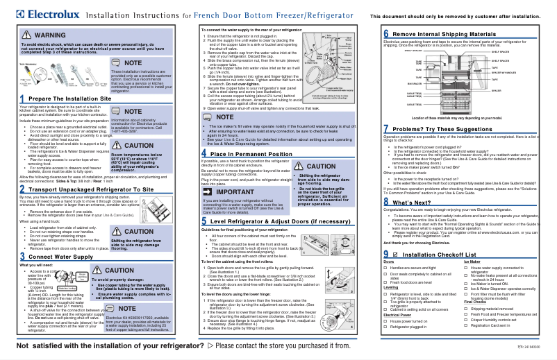 Page 1 de la notice Guide d'installation Electrolux EI28BS55IW