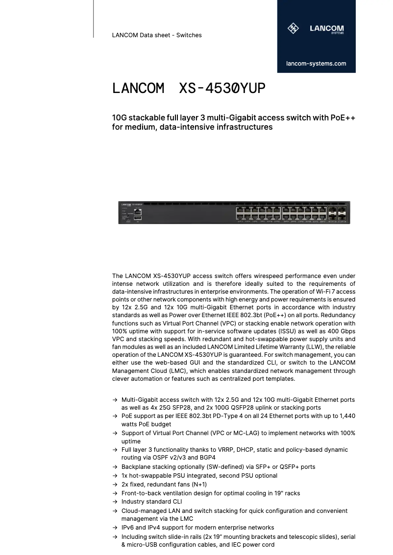 Page 1 de la notice Fiche technique Lancom XS-4530YUP