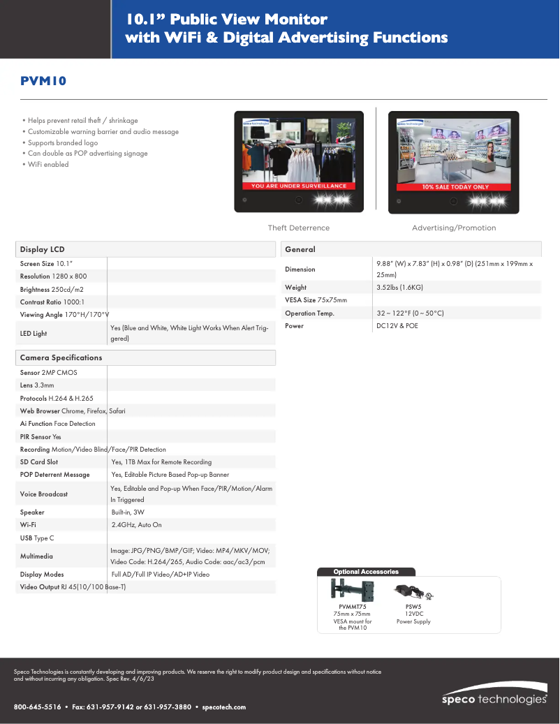 Page 1 de la notice Fiche technique Speco Technologies PVM10