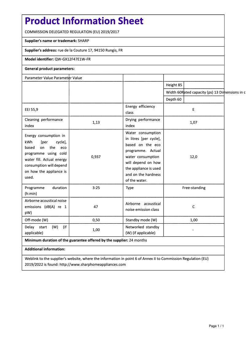 Image de la première page du manuel de l'appareil QW-GX12F47E1W-FR