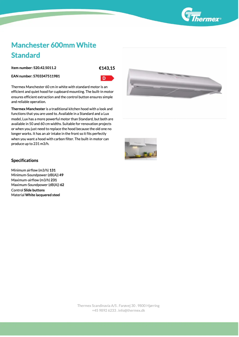 Page 1 de la notice Fiche technique Thermex Manchester