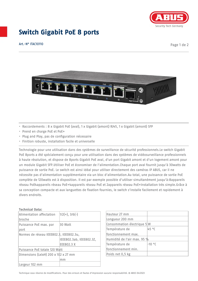 Page n°1 - Fiche technique Abus ITAC10110