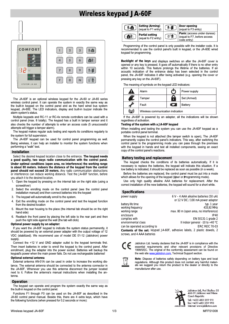 Page 1 de la notice Manuel utilisateur Joblotron JA-60F