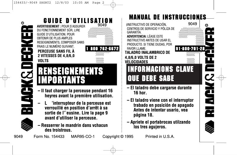 Page 1 de la notice Manuel utilisateur Black & Decker 9049