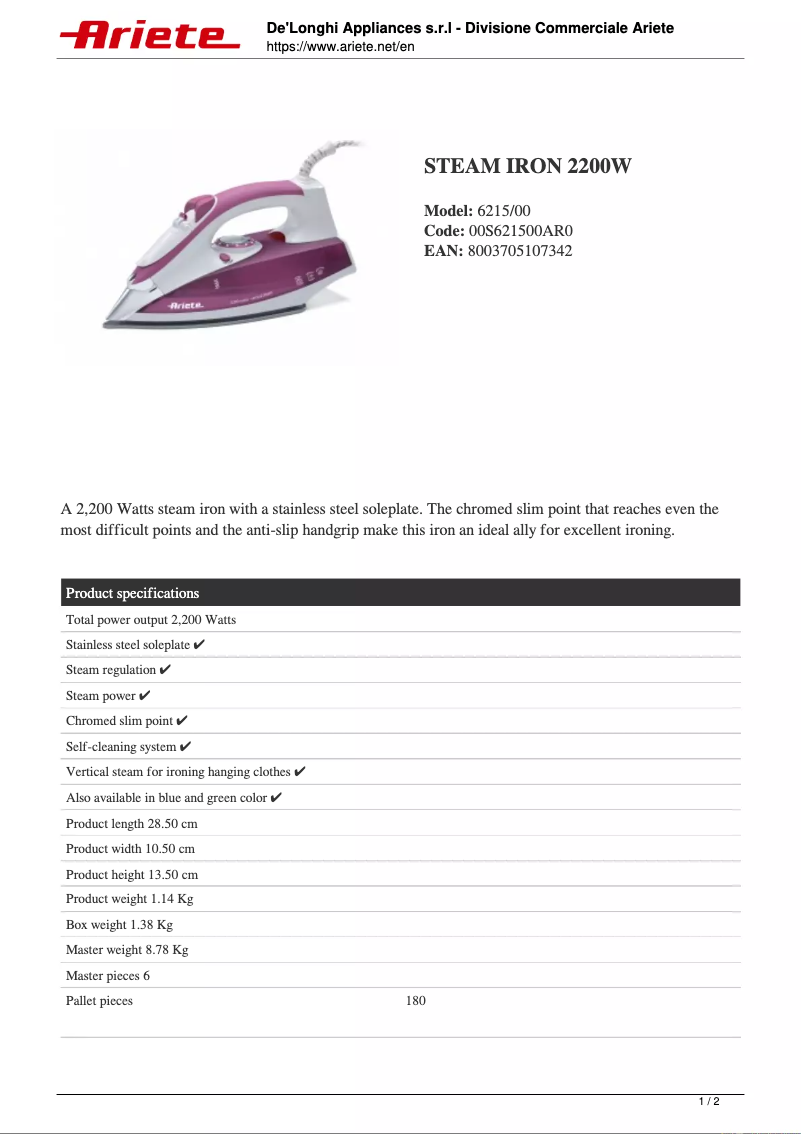 Page 1 de la notice Fiche technique Ariete 6215