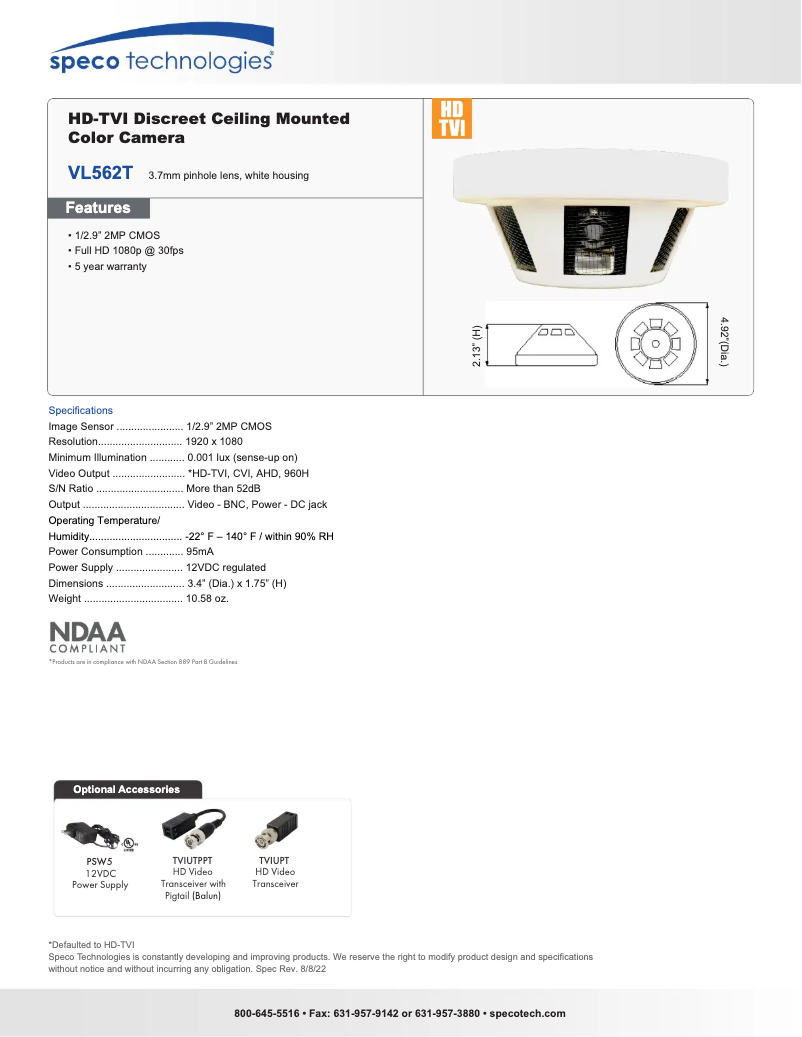 Page 1 de la notice Fiche technique Speco Technologies VL562T
