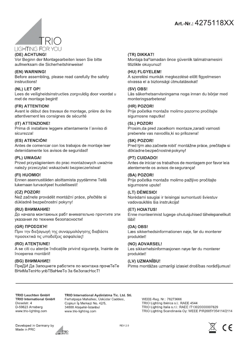 Page 1 de la notice Manuel utilisateur Trio Lighting Shanghai 427511887