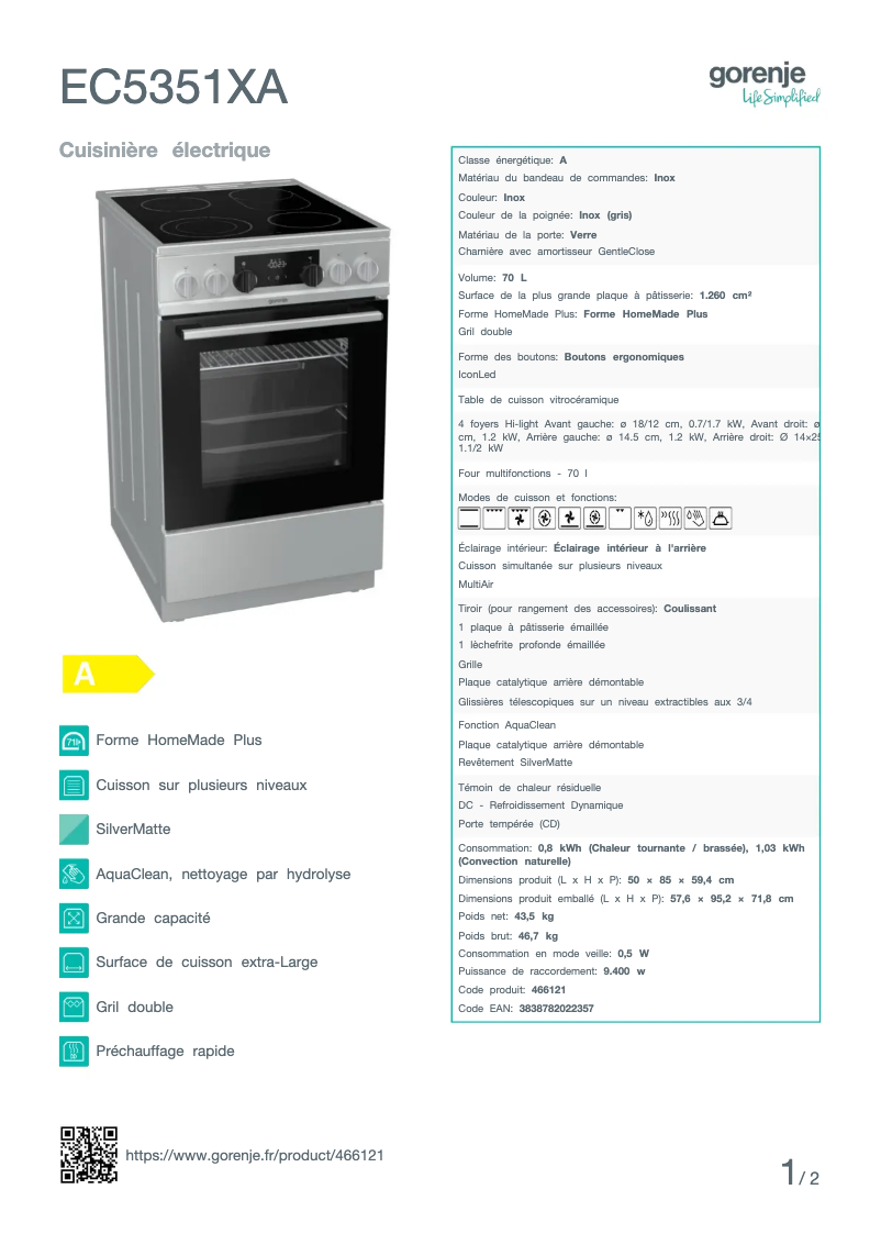 Page 1 de la notice Fiche technique Gorenje EC5351XA