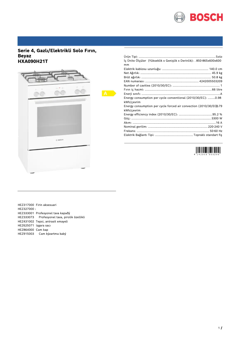 Page 1 de la notice Fiche technique Bosch HXA090H21T
