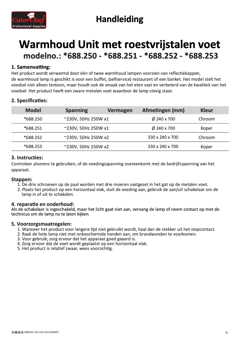Page 1 de la notice Manuel utilisateur CaterChef 688251
