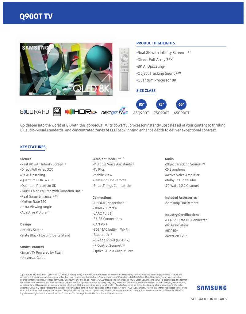 Page 1 de la notice Fiche technique Samsung QN65Q900TSFXZA