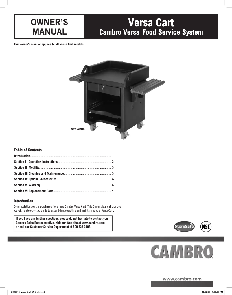 Page 1 de la notice Manuel utilisateur Cambro VCSHD158