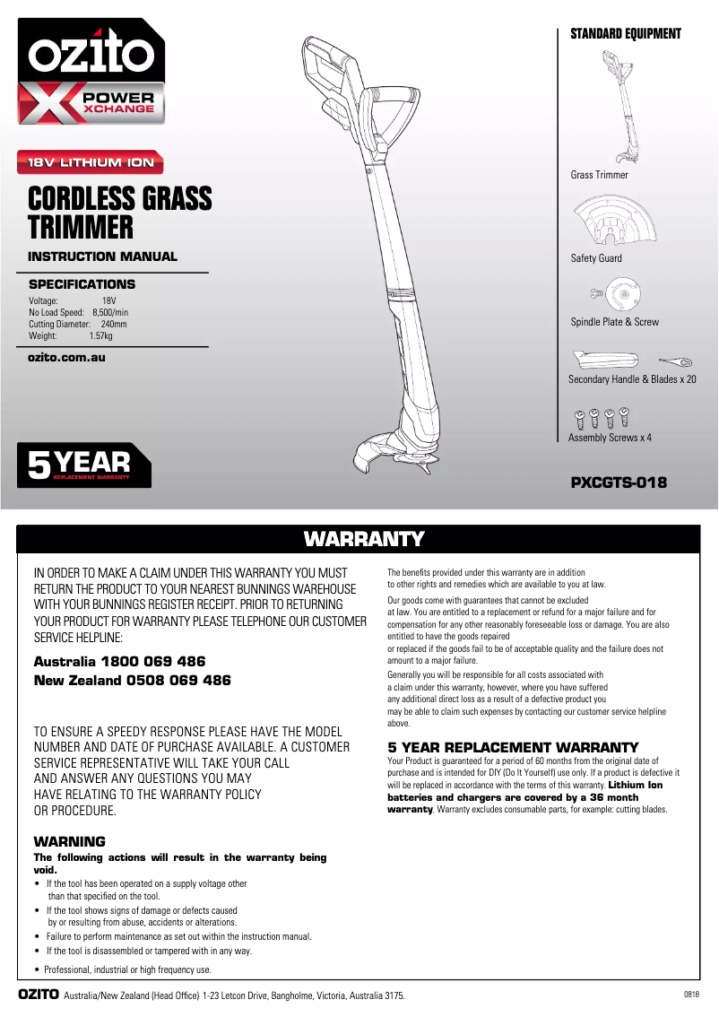 Página 1 del manual Manual de instrucciones Ozito PXCGTK-150
